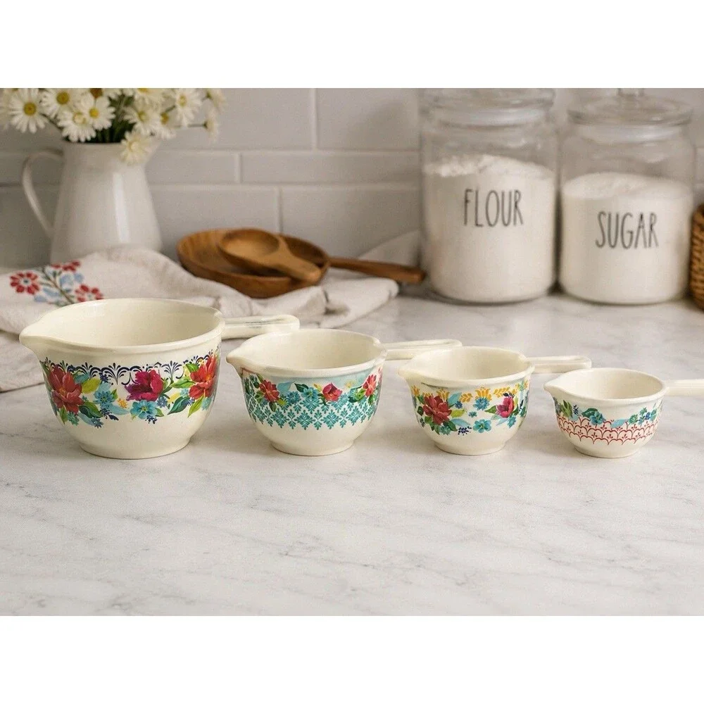 Vintage Floral Plastic Measuring Cups Set of 4 Nesting 1/3 1/4 1/2  1 Cup Retro